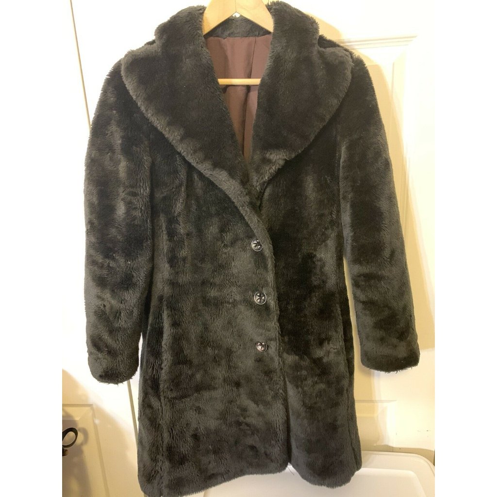 Vintage 1960s Women's Sz S Coat Susan Lynn Black Glenoit Faux Fur Teddy Bear Usa
